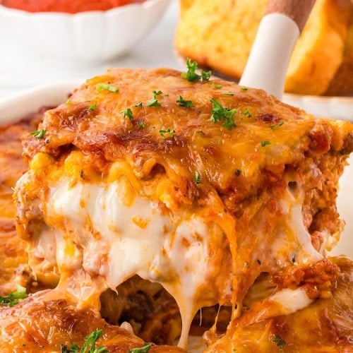 A spatula with a slice of homemade Lasagna.