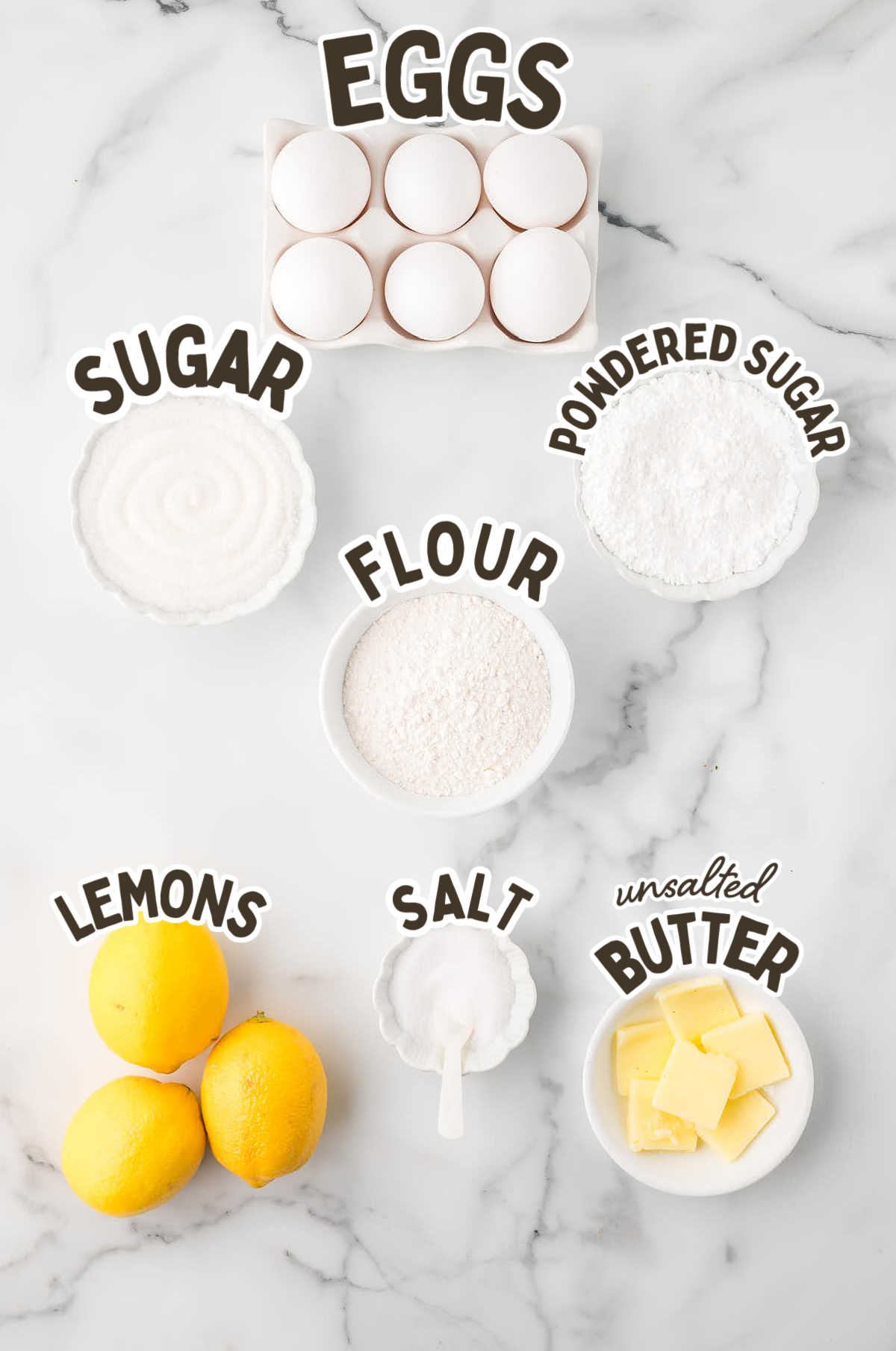 Ingredients needed to make Lemon Bars. 