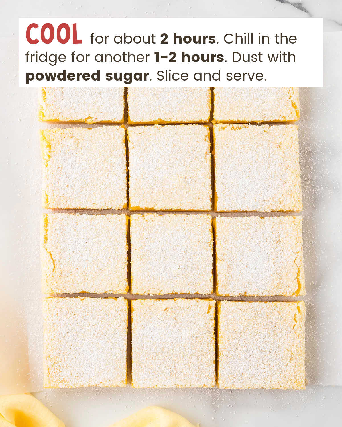 Lemon bars sliced into squares.