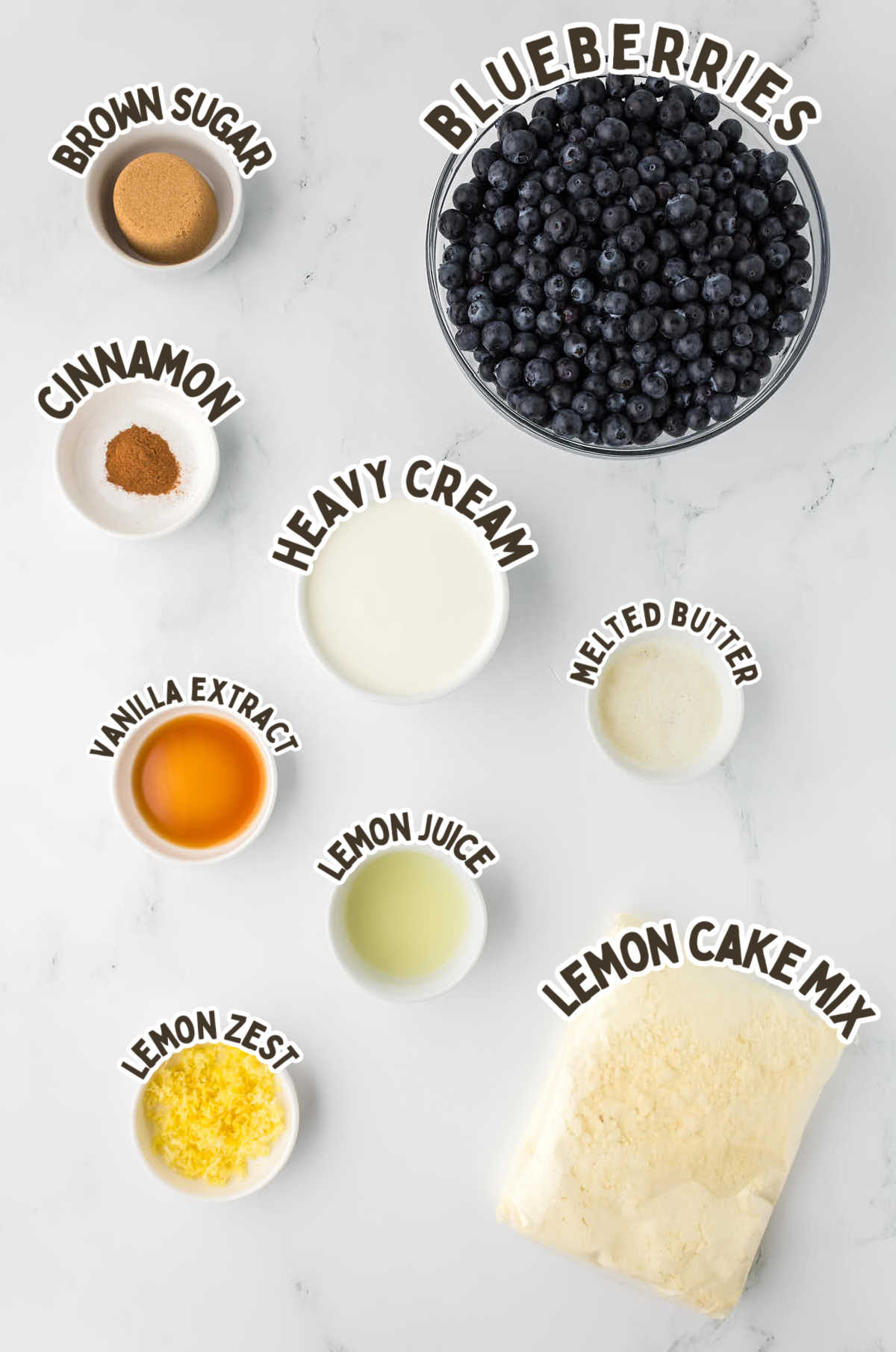 Ingredients needed to make a Lemon Blueberry Dump Cake.