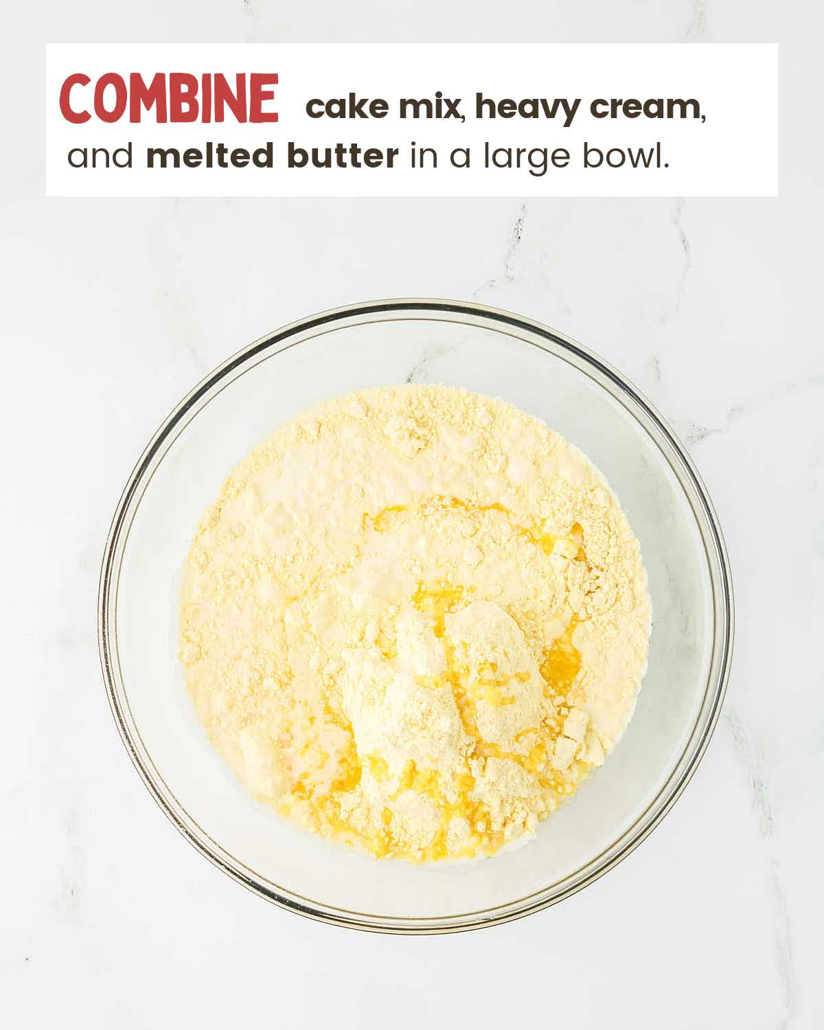 Cake mix, heavy cream, and melted in a bowl.