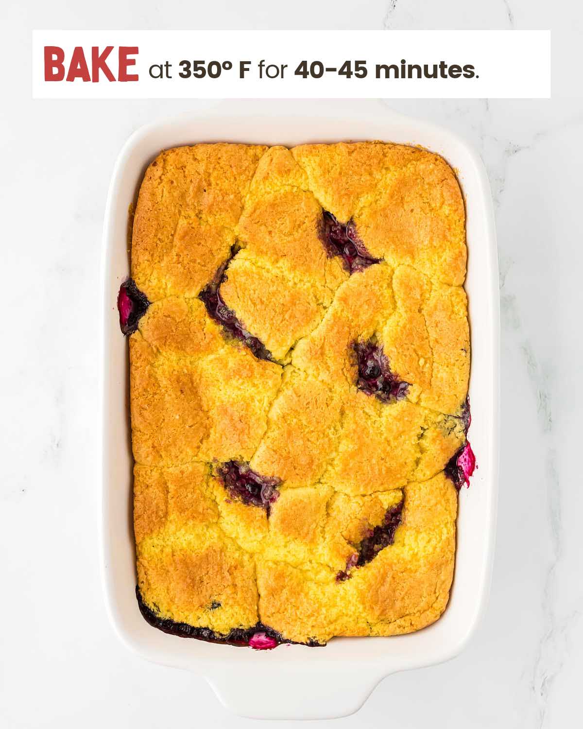 Lemon blueberry dump cake in a baking dish.