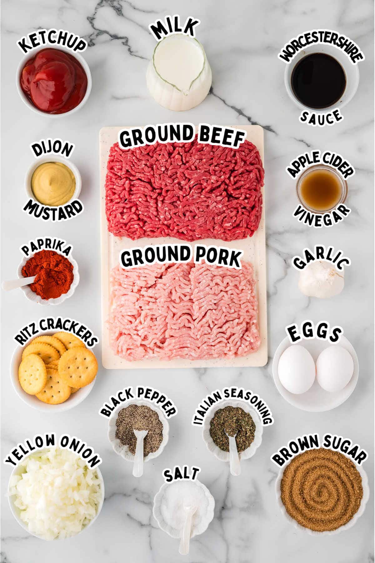 Ingredients needed to make a classic homemade Meatloaf.
