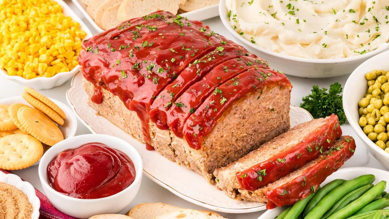 A delicious meatloaf glazed with ketchup, served with mashed potatoes, corn, green beans, crackers, and ketchup on a festive table.