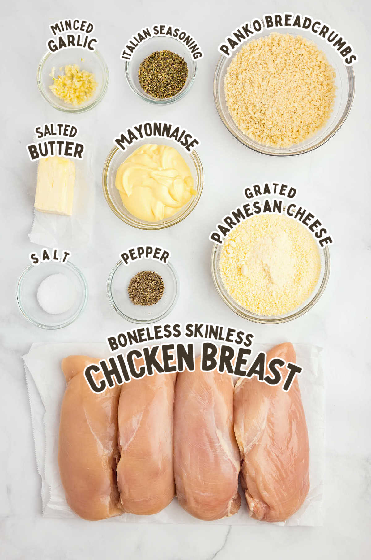 Ingredients needed to make Parmesan Crusted Chicken.