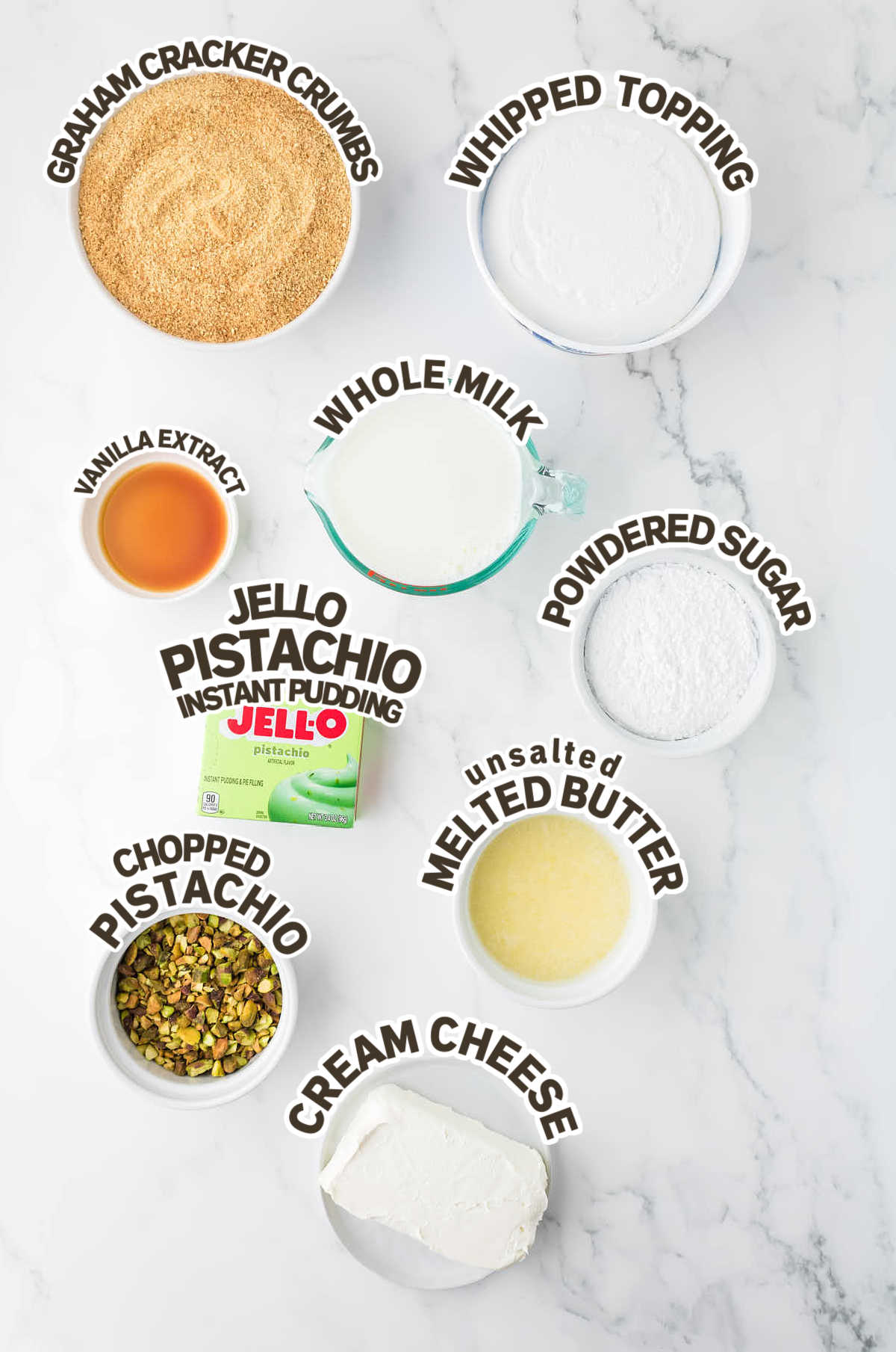Ingredients needed to make a Layered Pistachio Dessert.
