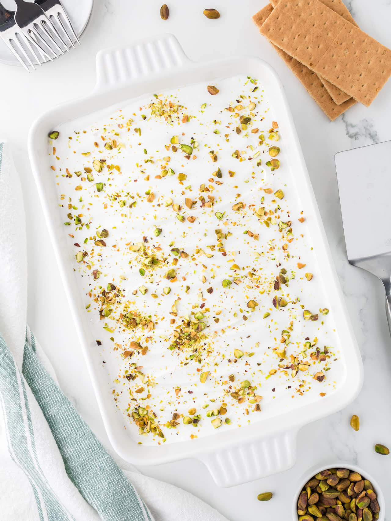 Topdown view of a chilled Pistachio Lush dessert.