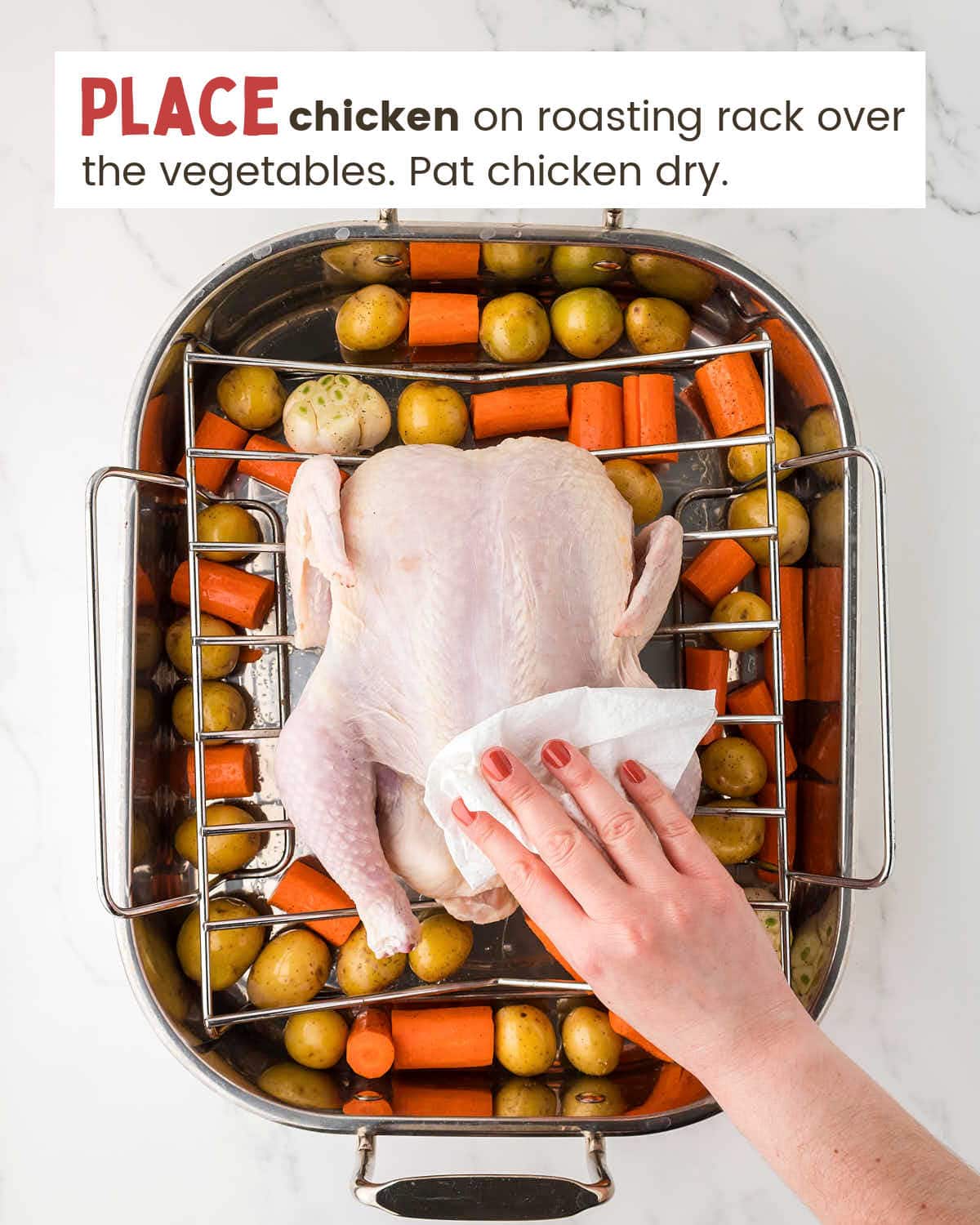 A hand pats a chicken dry on a roasting rack over potatoes and carrots.