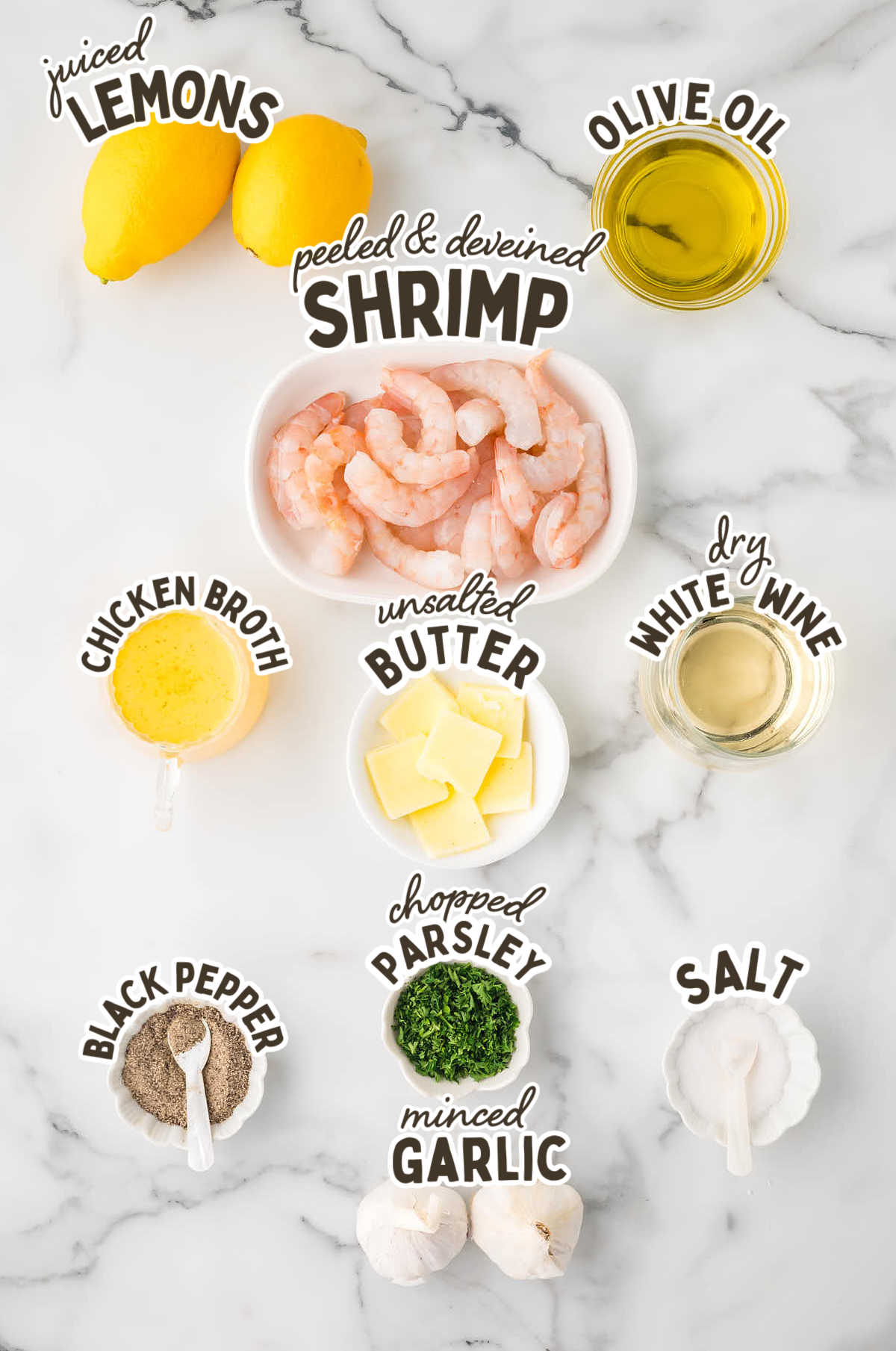 Ingredients needed to make Shrimp Scampi. 