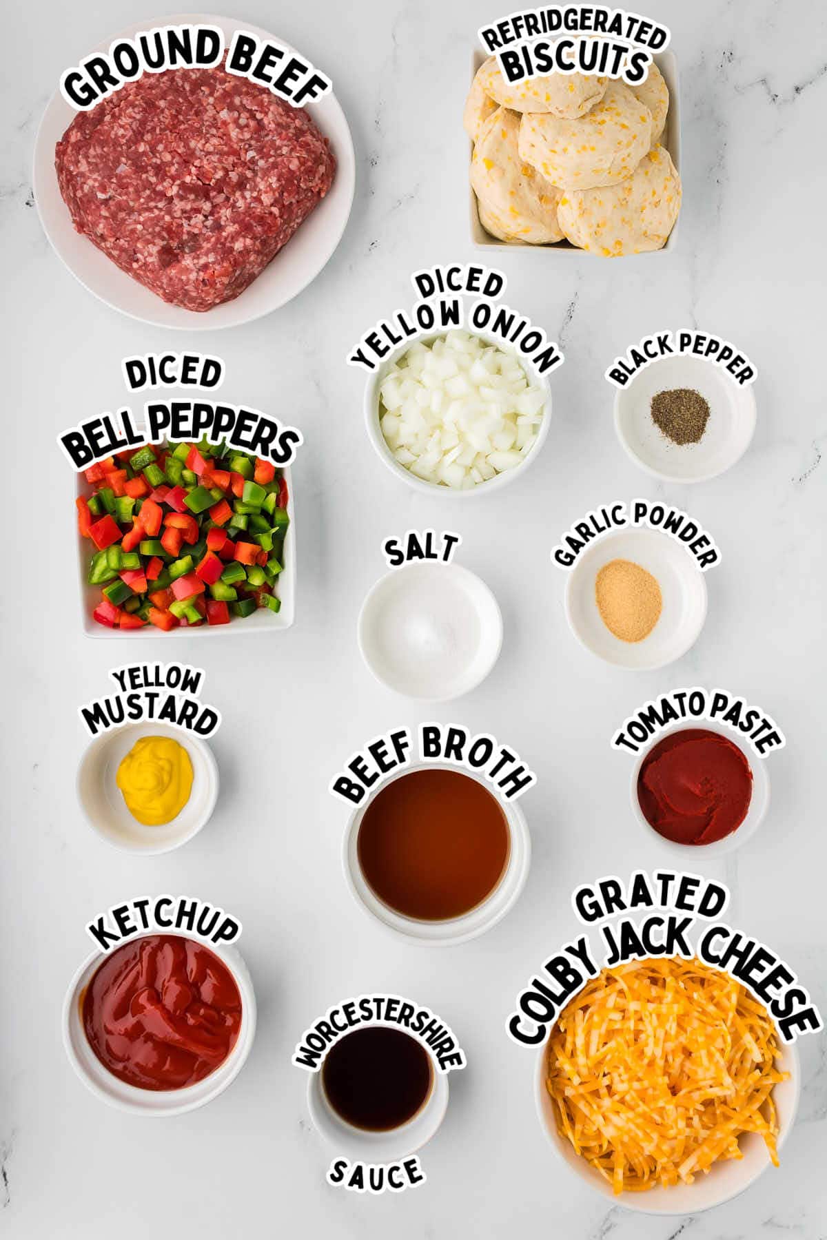 Ingredients needed to make a Sloppy Joe Casserole.