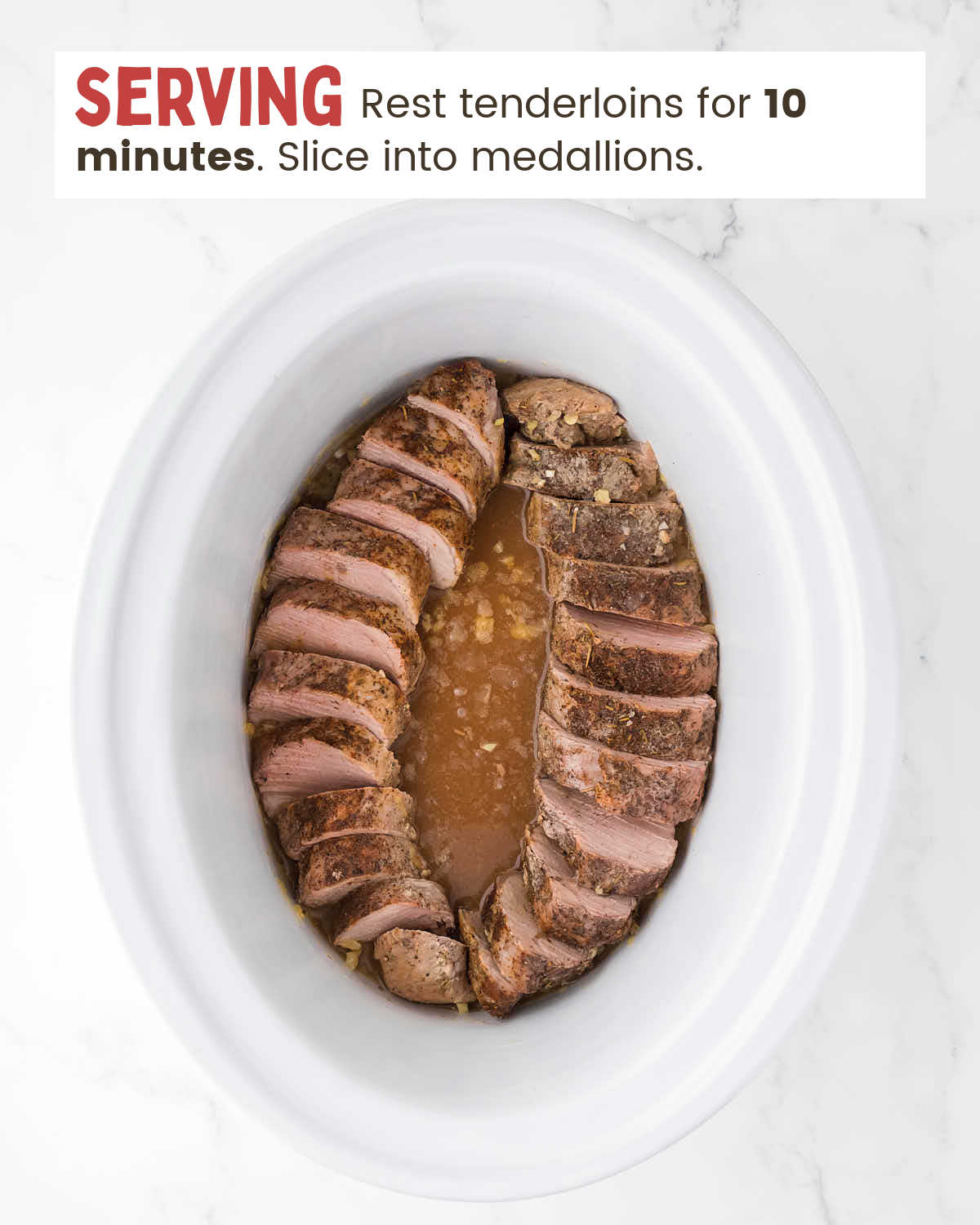 Pork tenderloin medallions in a slow cooker.