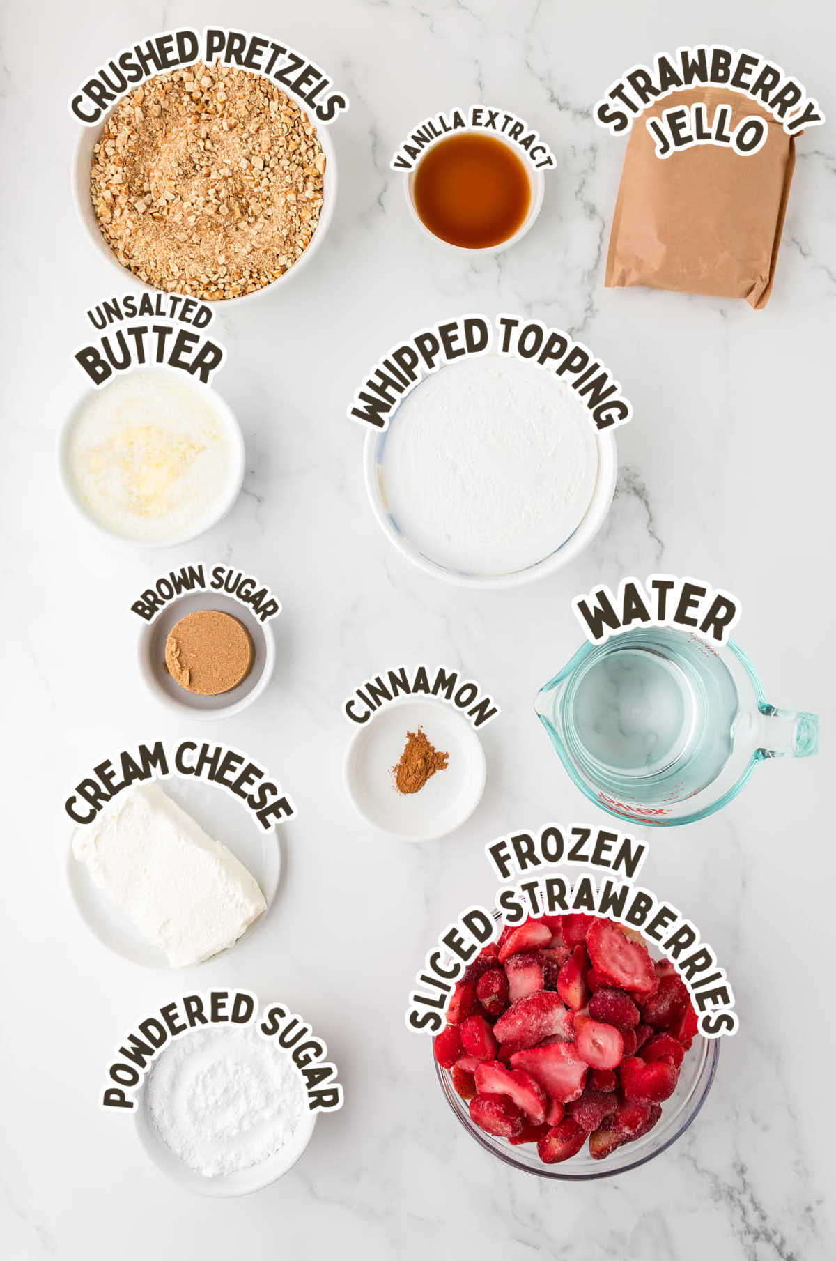 Ingredients needed to make a Strawberry Pretzel Salad. 