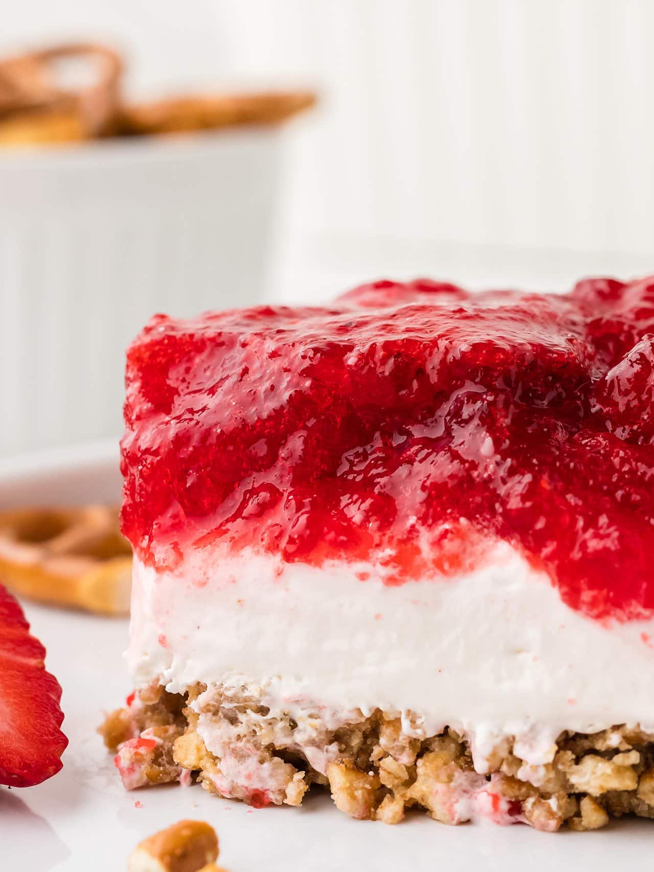 Closeup of a Strawberry Pretzel Salad.