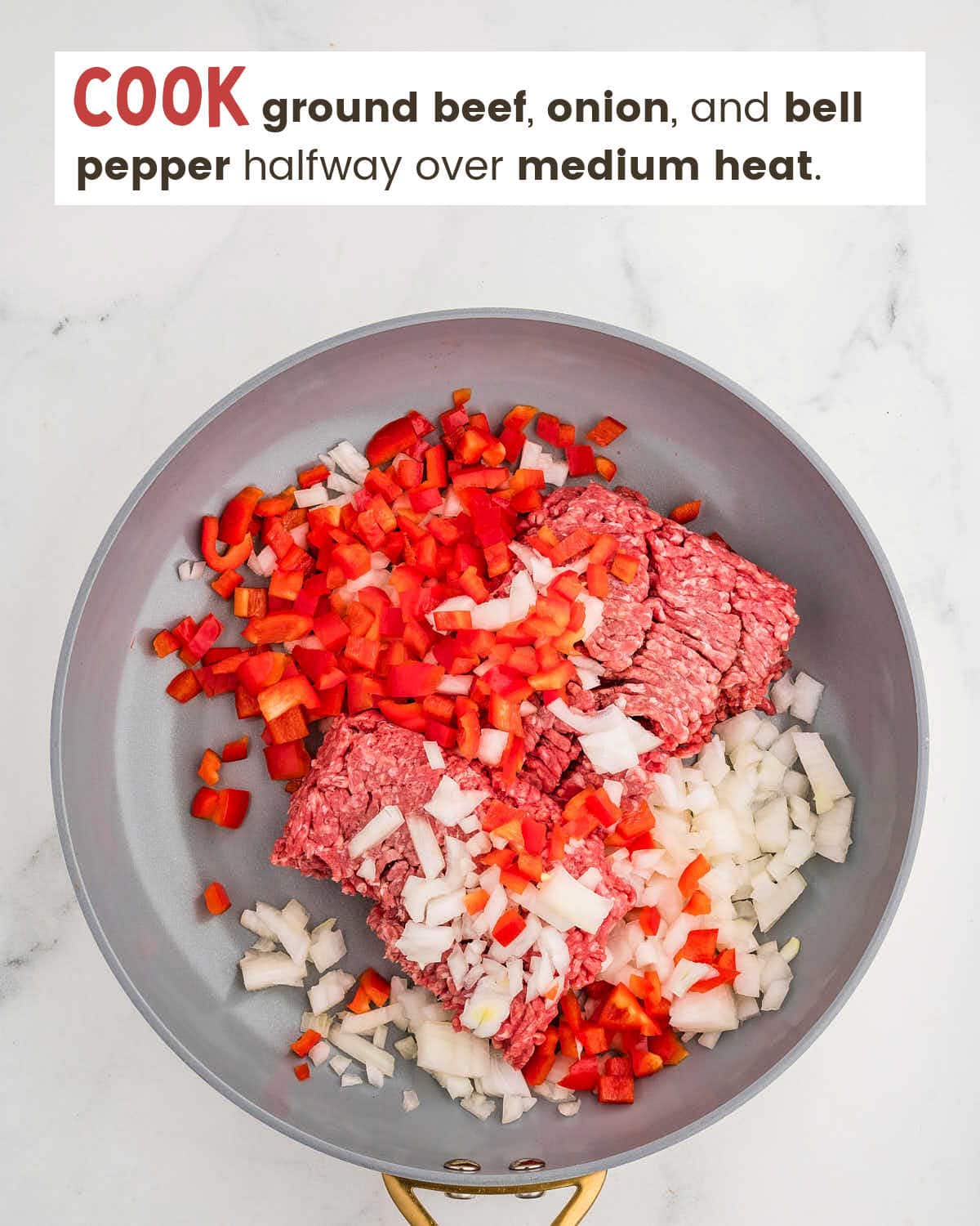 Ground beef, onions, and bell pepper in a skillet. 