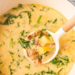 Top down view of a ladle filled with Zuppa Toscana.
