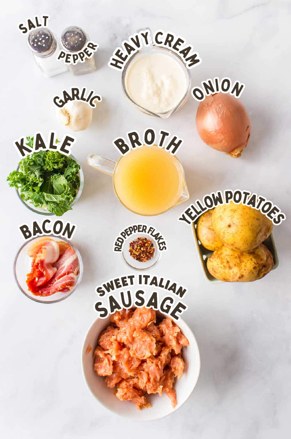 Ingredients needed to make Zuppa Toscana.