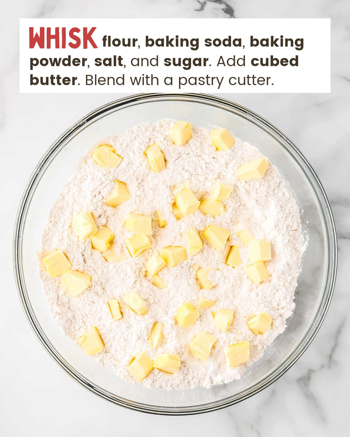 Flour mixture with cubed butter in a bowl.