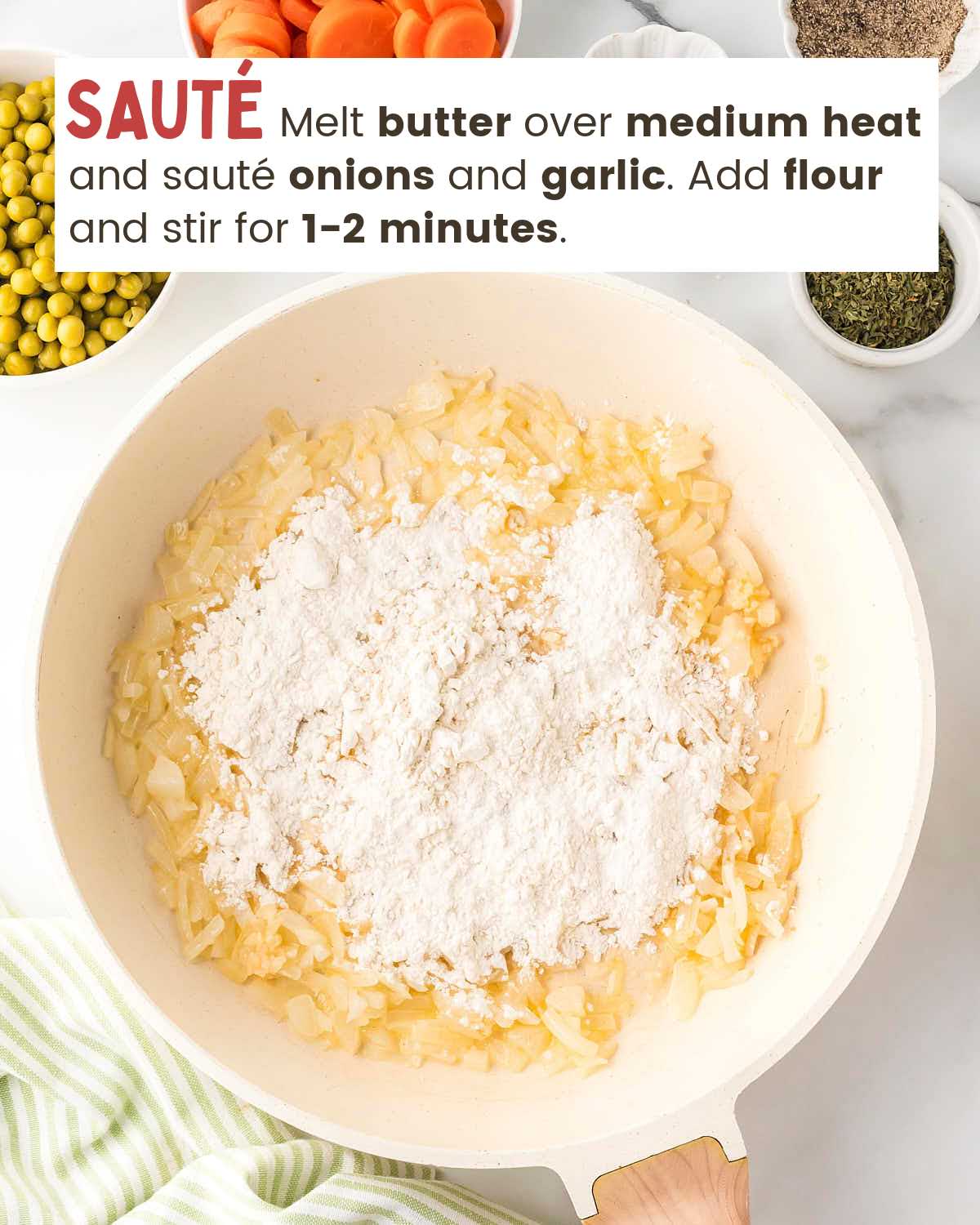Butter, onions, garlic, and flour being sautéed in a pan.