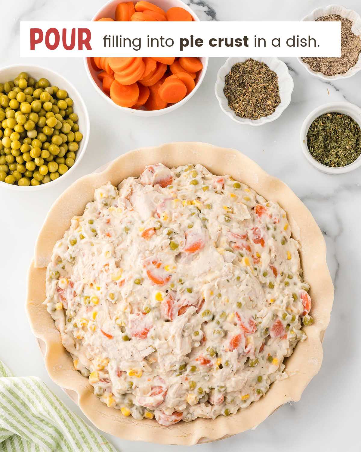 Chicken pot pie filling in a pie crust.