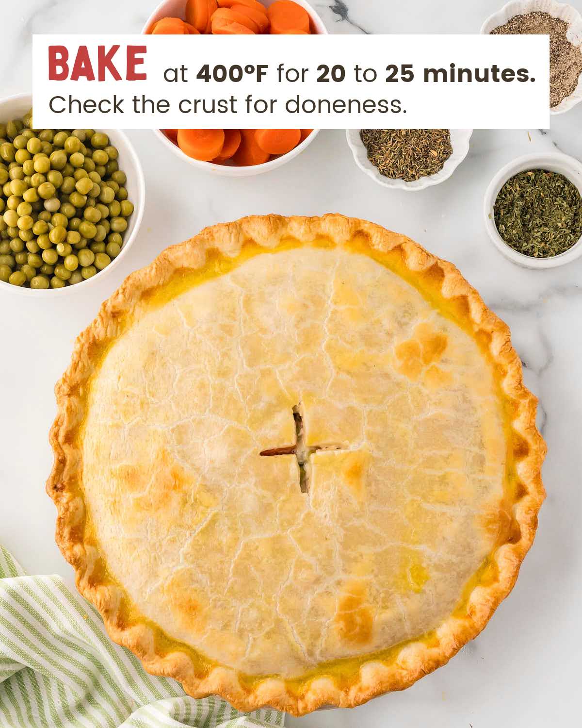 Chicken pot pie with golden brown crust.