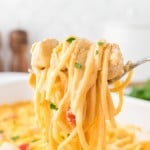 A forkful of Chicken Spaghetti with Rotel.