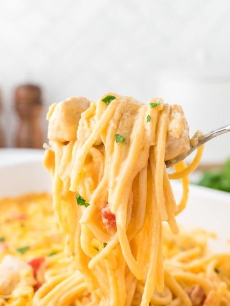 A forkful of Chicken Spaghetti with Rotel.