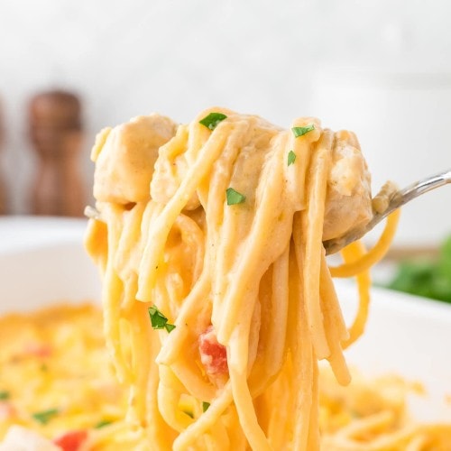 A forkful of Chicken Spaghetti with Rotel.
