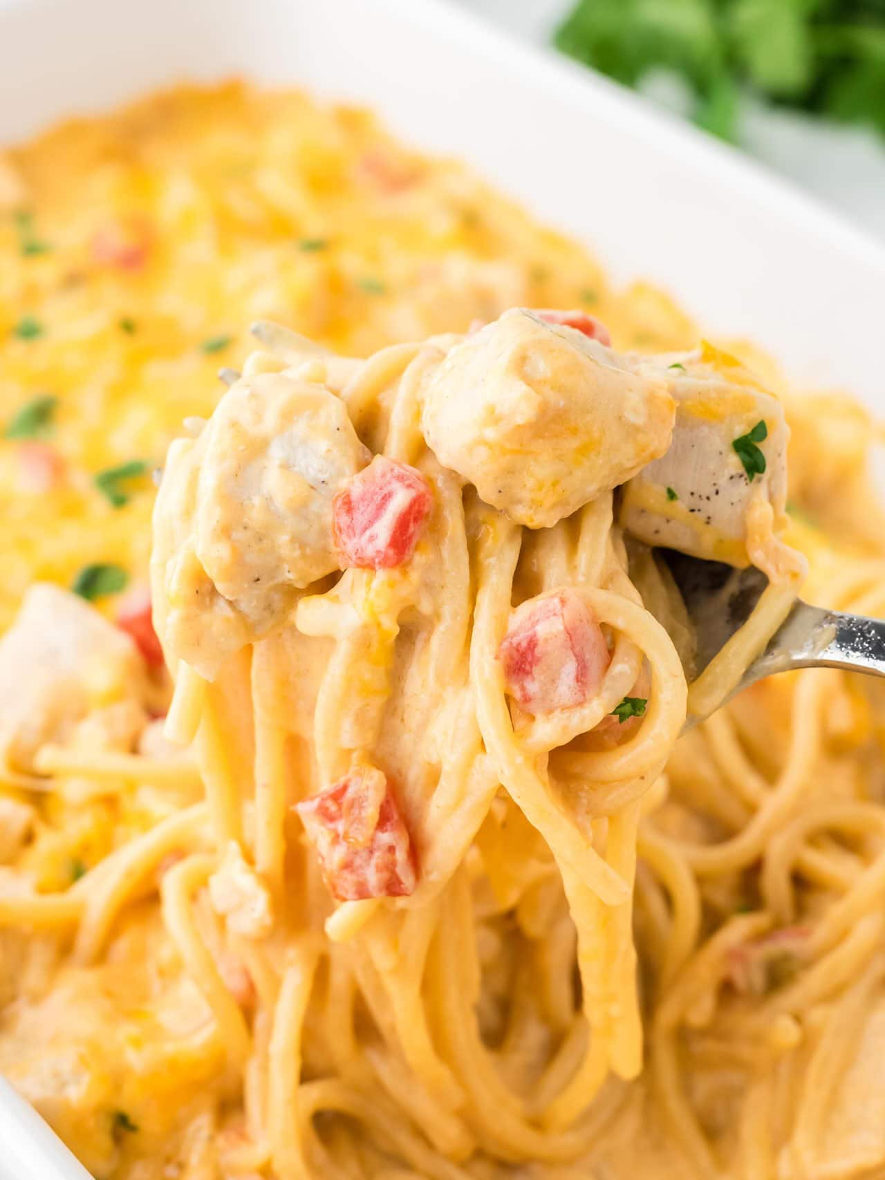 A forkful of Chicken Spaghetti with Rotel in a casserole dish.