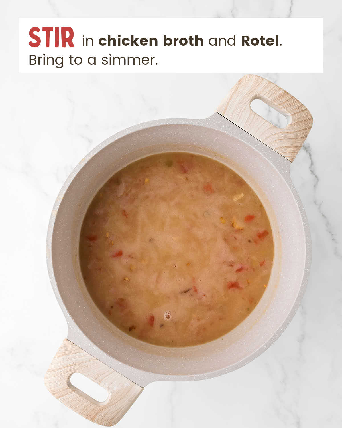 Chicken broth mixed with Rotel in a pot.