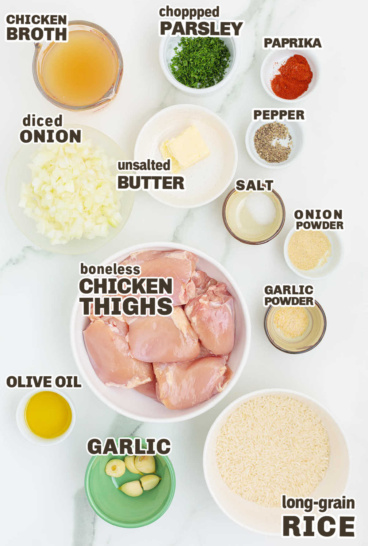 Ingredients needed to make Chicken Thighs and Rice. 