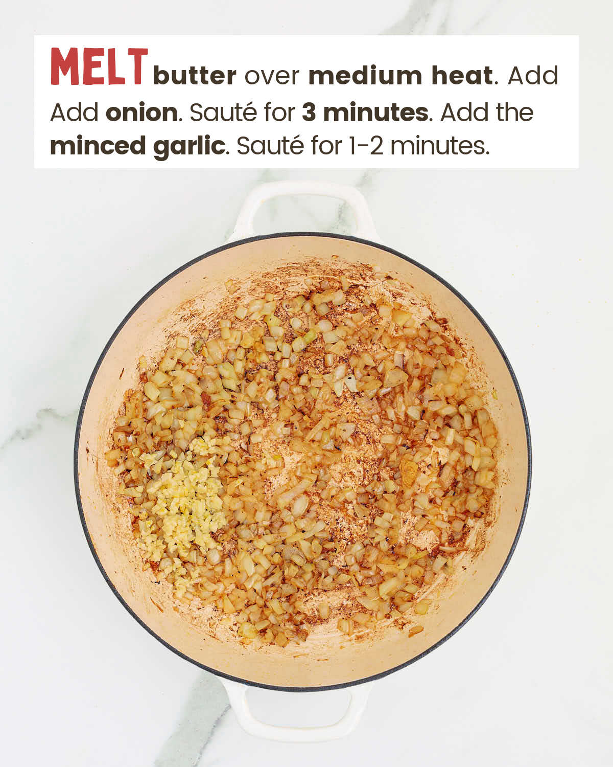 Chopped onion and garlic in melted butter in a skillet.