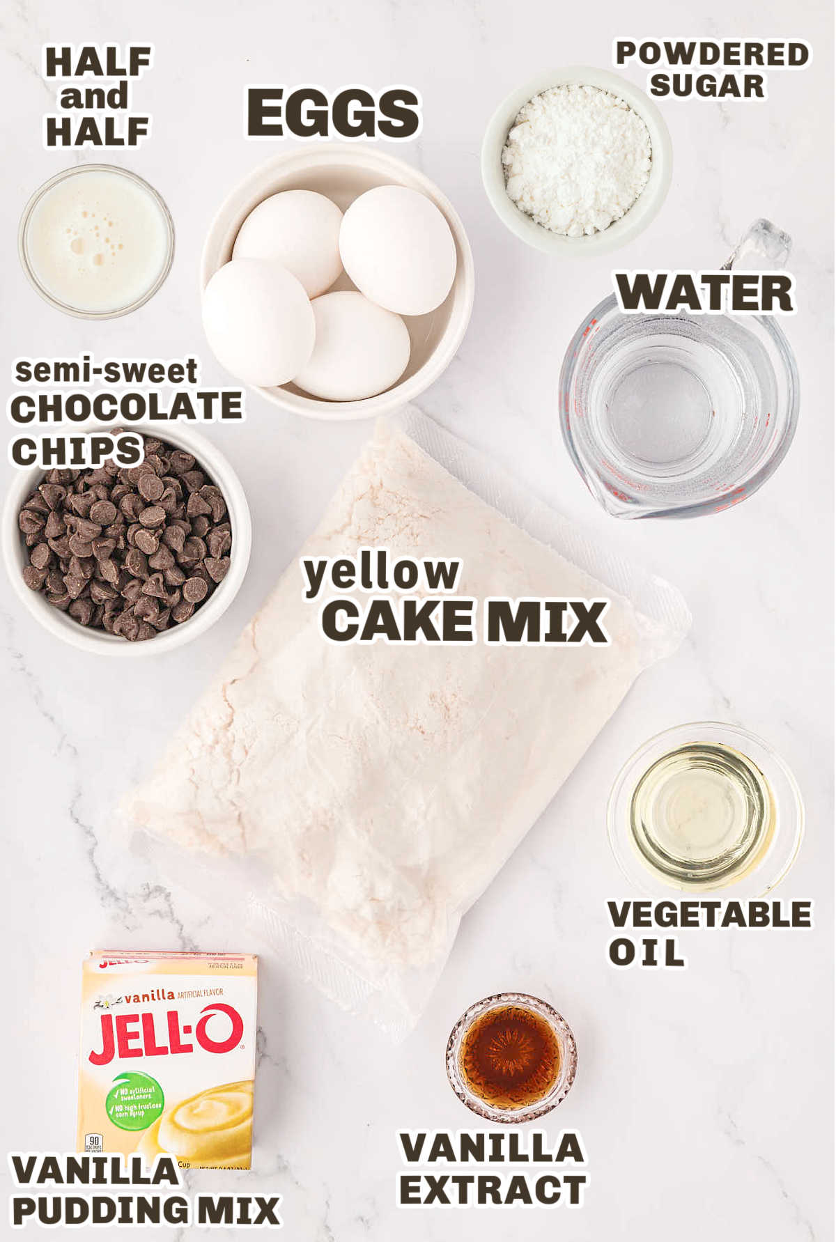 Ingredients needed to make Chocolate Chip Bundt Cake.