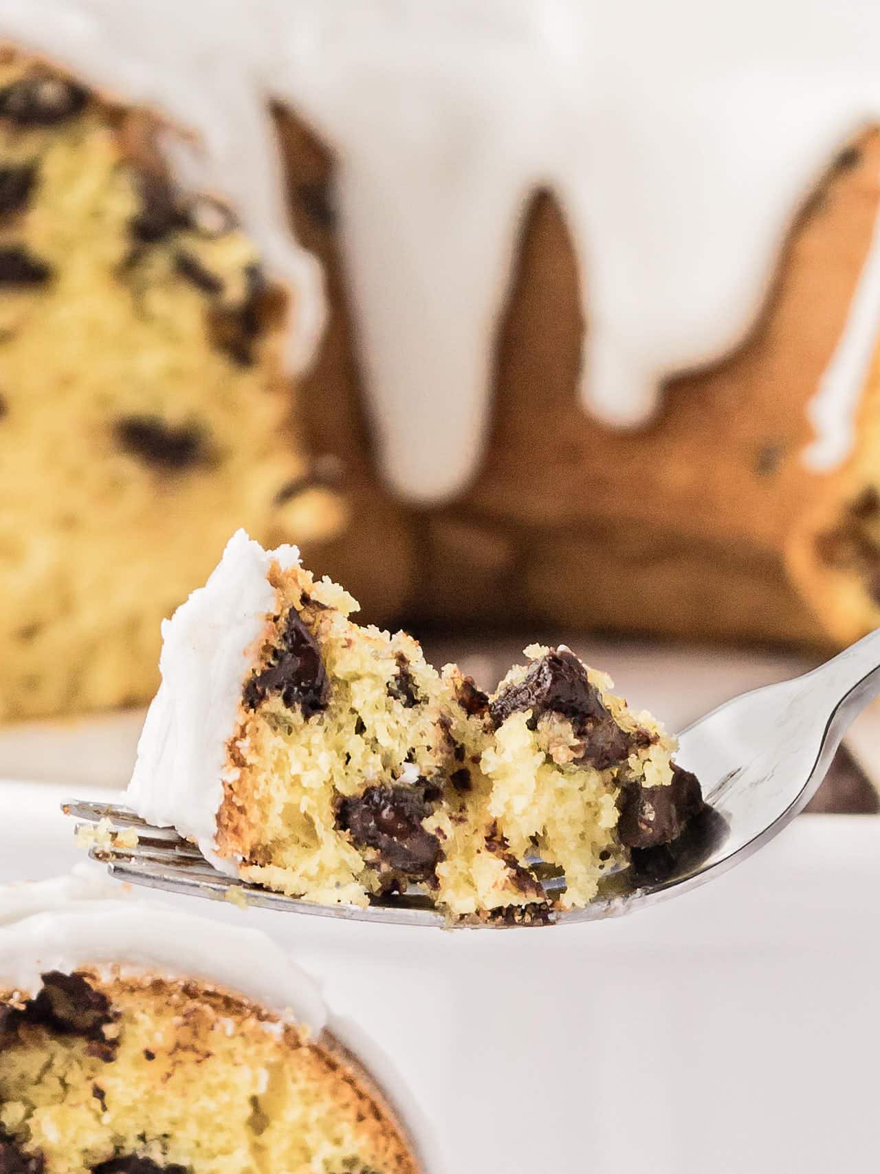 A forkful of Chocolate Chip Bundt Cake.