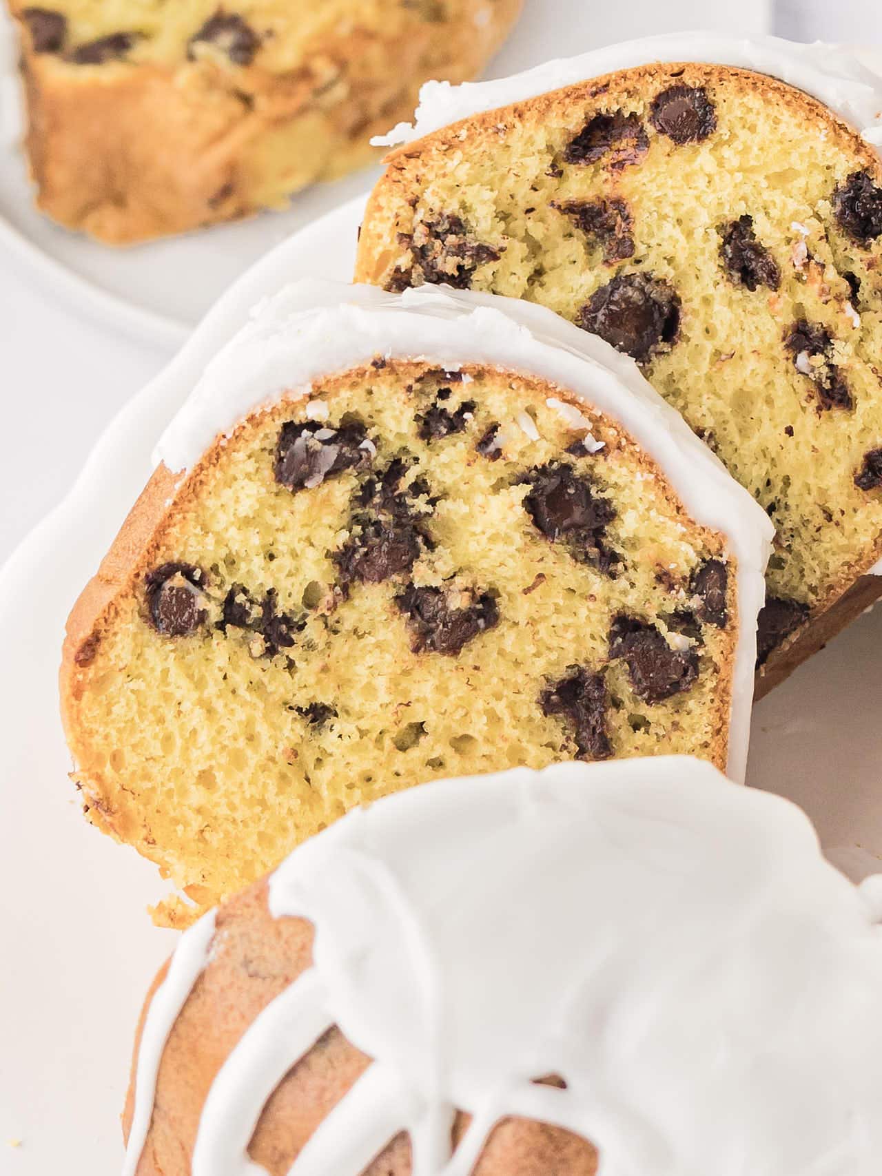 Closeup of a sliced Chocolate Chip Bundt Cake.