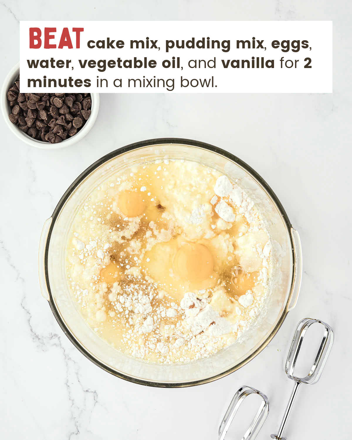 Ingredients to make a cake in a mixing bowl. 