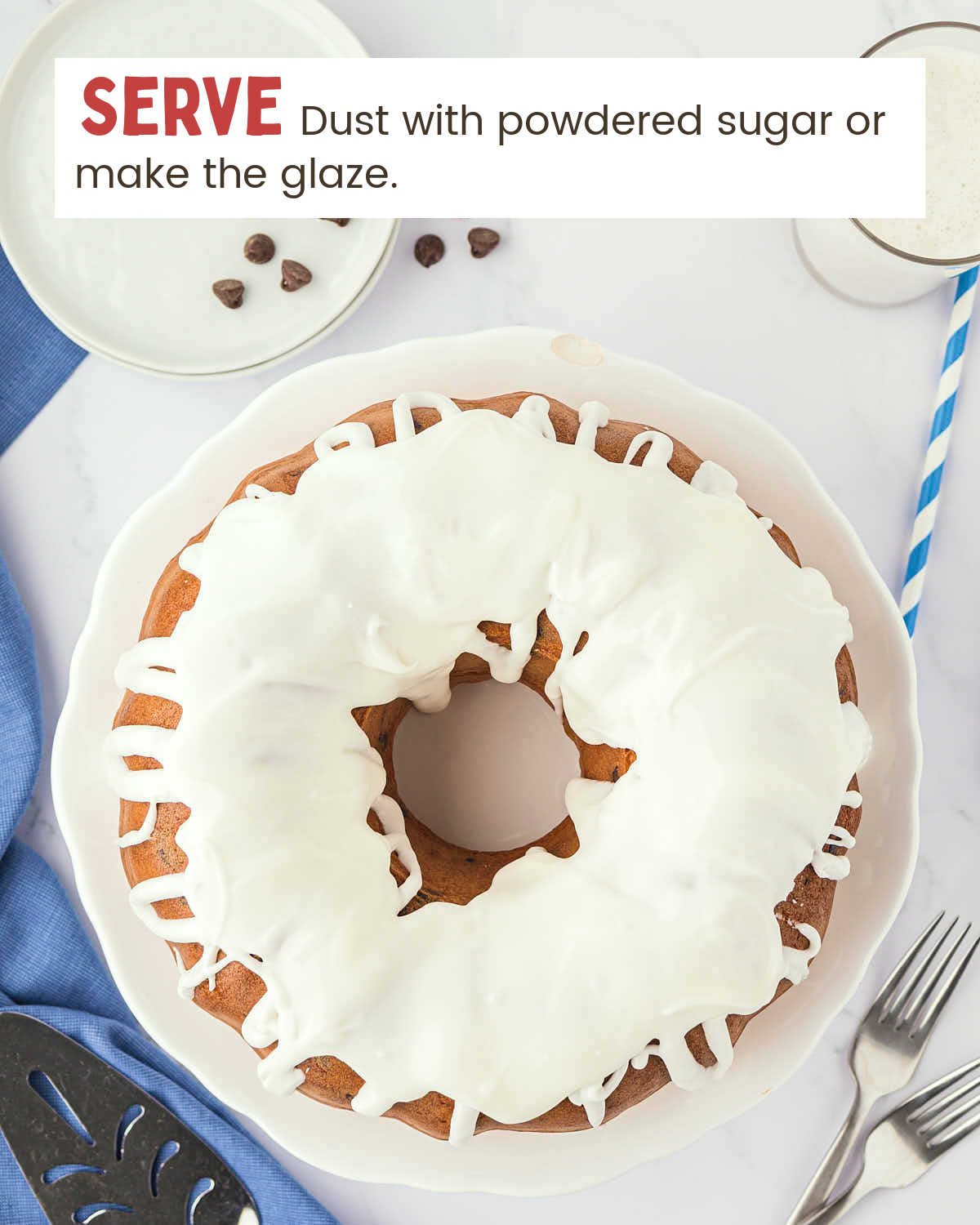 A frosted Chocolate chip Bundt cake on a white plate.