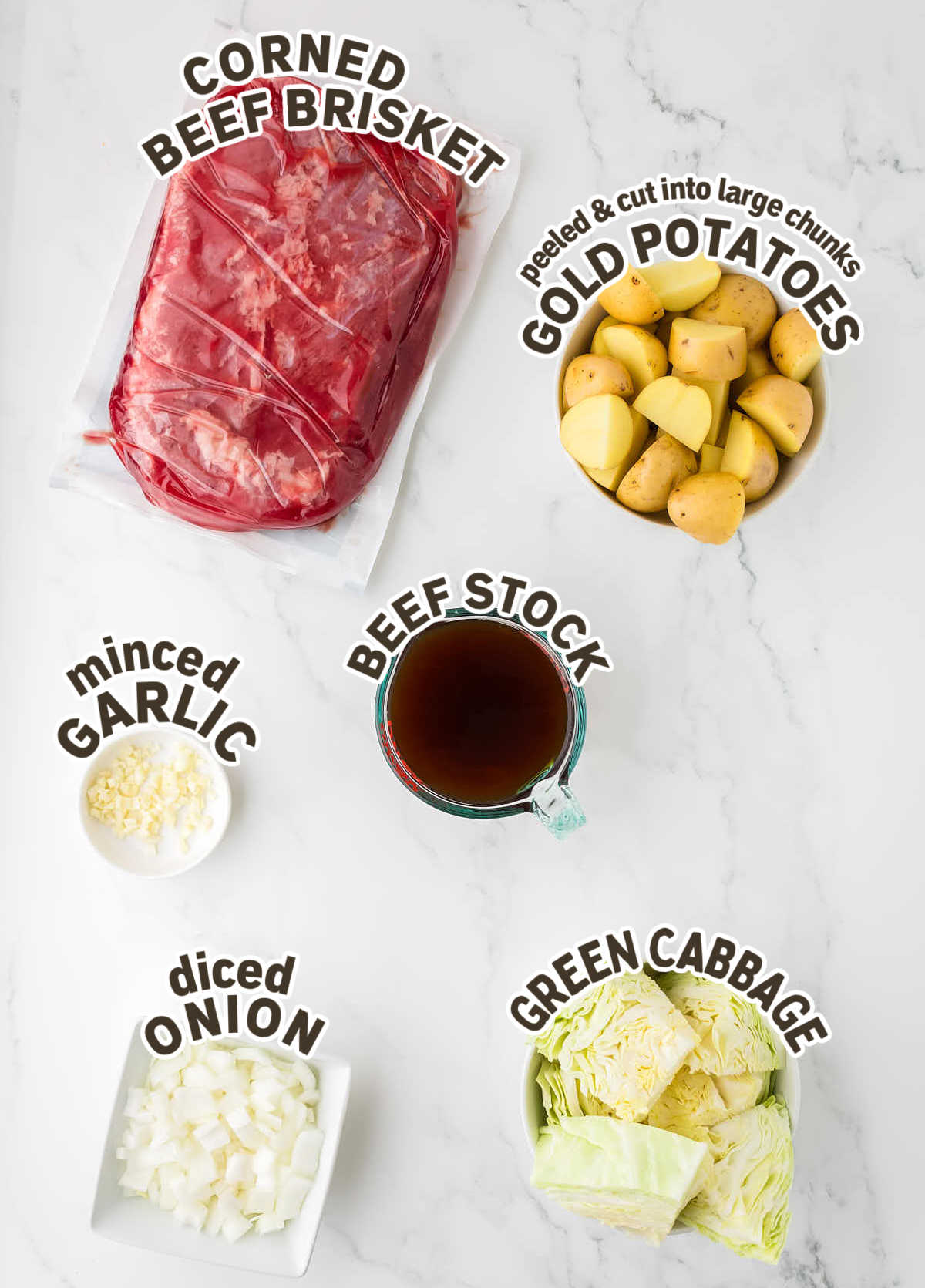 Ingredients needed to make Corned Beef and Cabbage in the Slow Cooker.