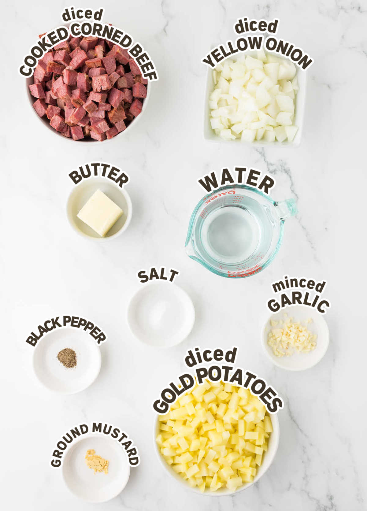 Ingredients needed to make Corned Beef Hash. 