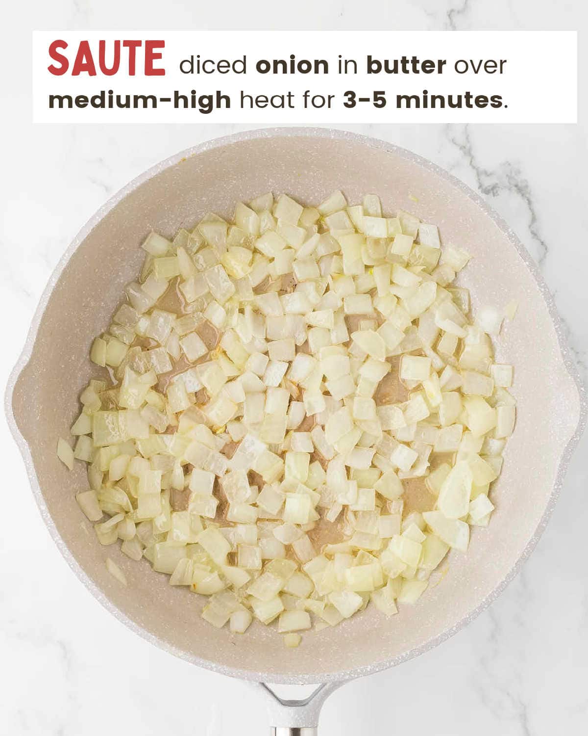 Sautéed onions in a white skillet. 