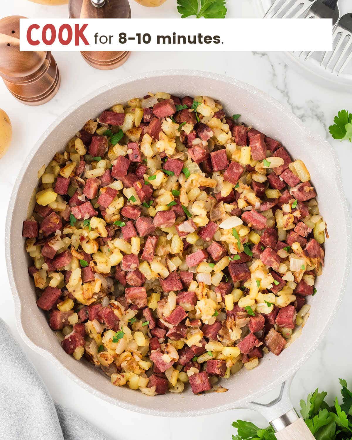 Corned beef hash in a skillet.