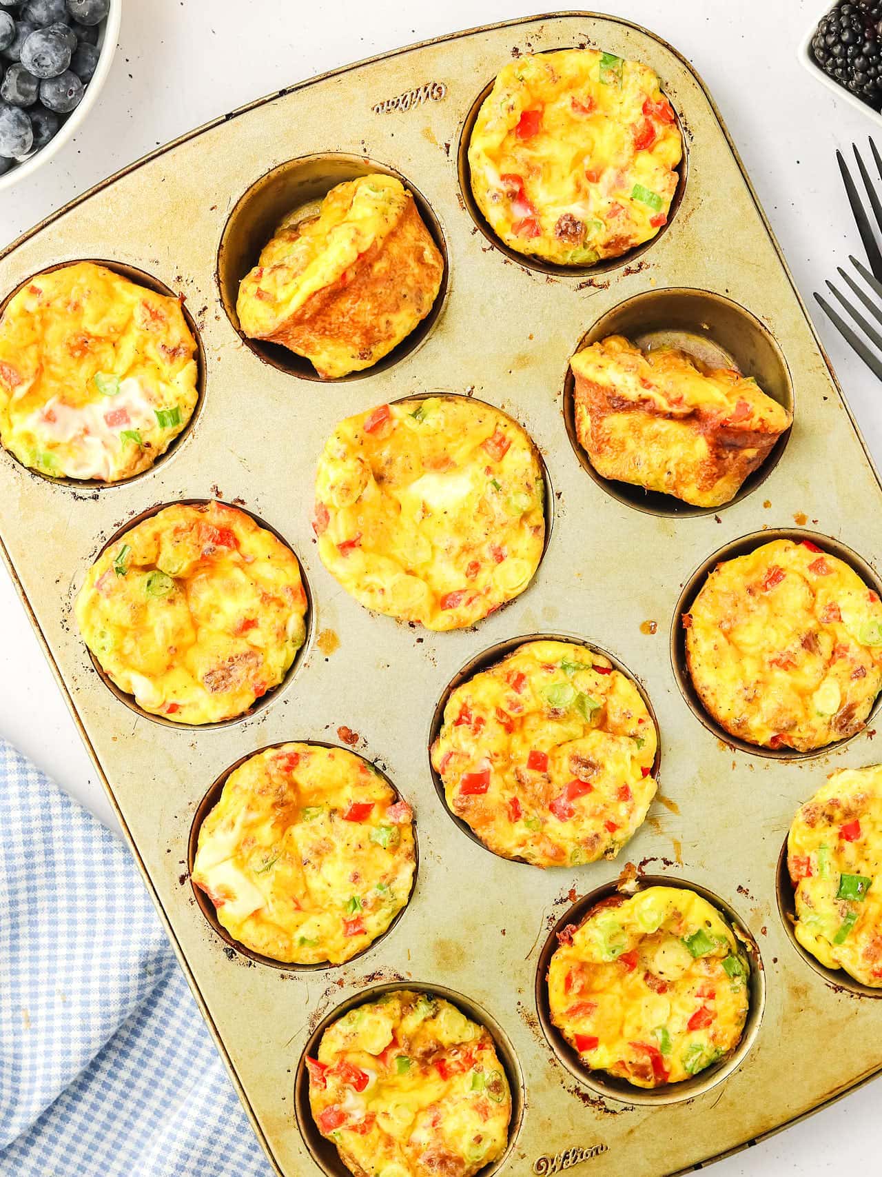 Topdown view of Egg Muffins in a muffin tin.