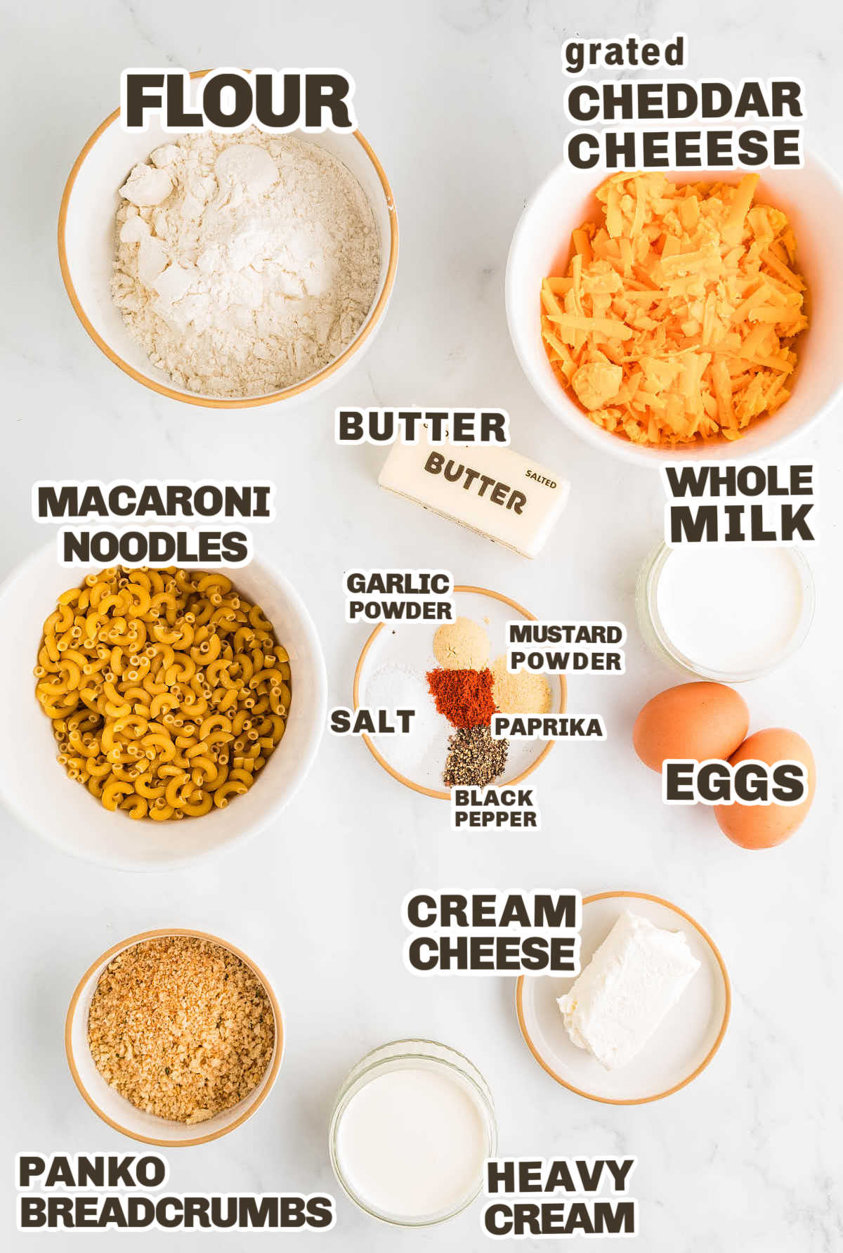 Ingredients needed to make Mac and Cheese Bites. 