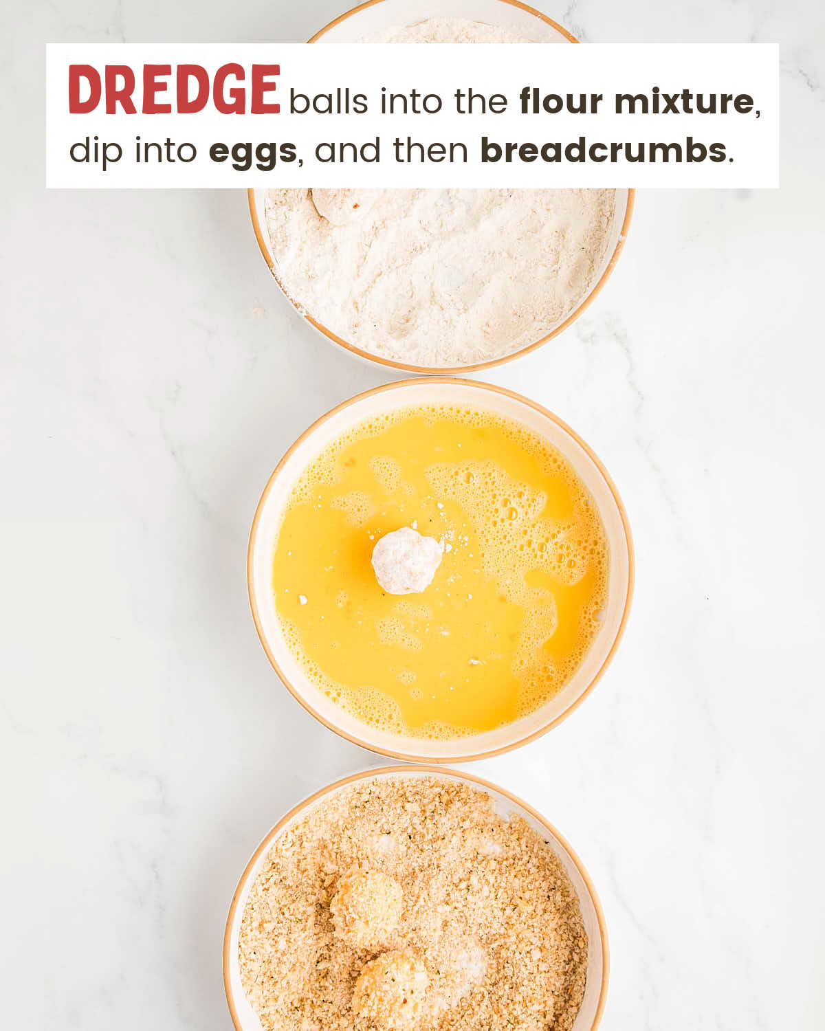A bowl with a flour mixture, and then a bowl with cracked eggs, and a bowl with breadcrumbs for dredging mac and cheese balls.