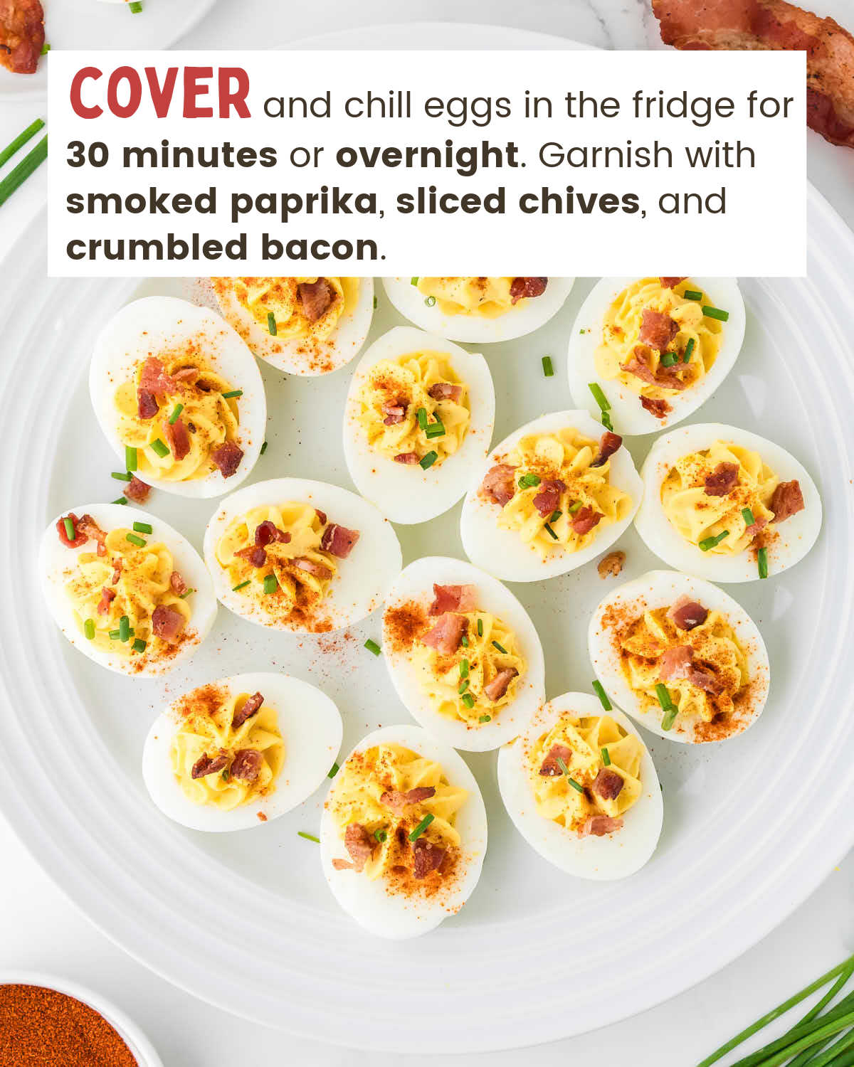 Million dollar deviled eggs arranged on a severing platter.