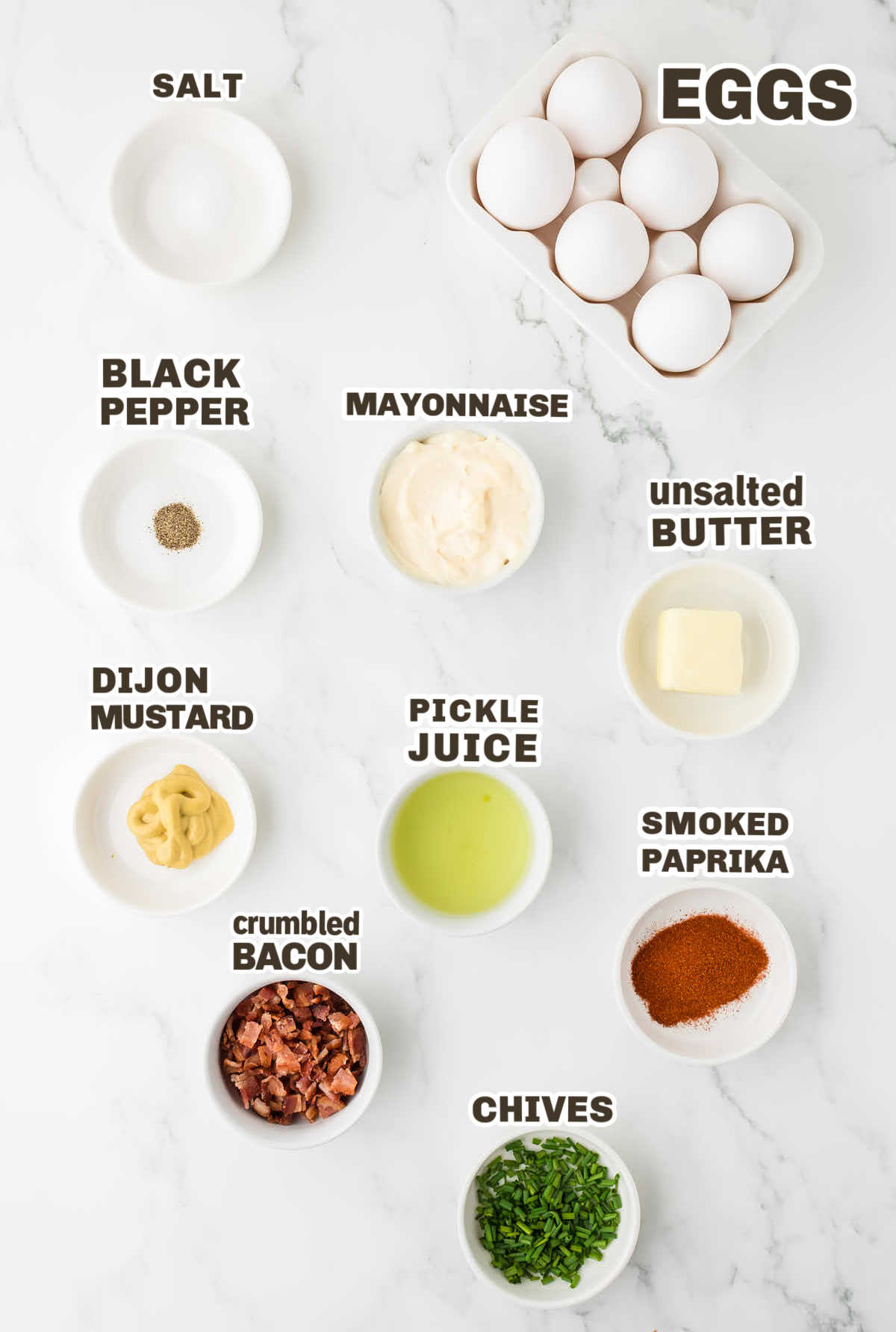Ingredients needed to make Million Dollar Deviled Eggs. 