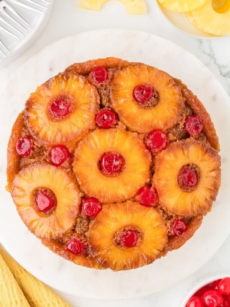 Topdown view of a Pineapple Upside Down Cake.