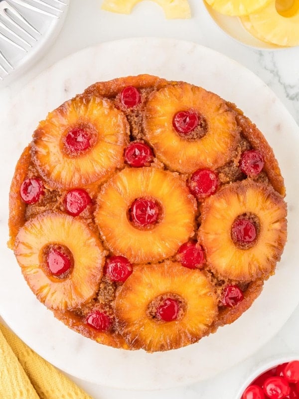 Topdown view of a Pineapple Upside Down Cake.