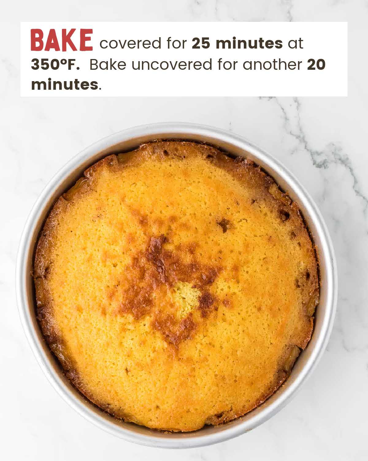 Baked pineapple upside down cake in a baking pan.