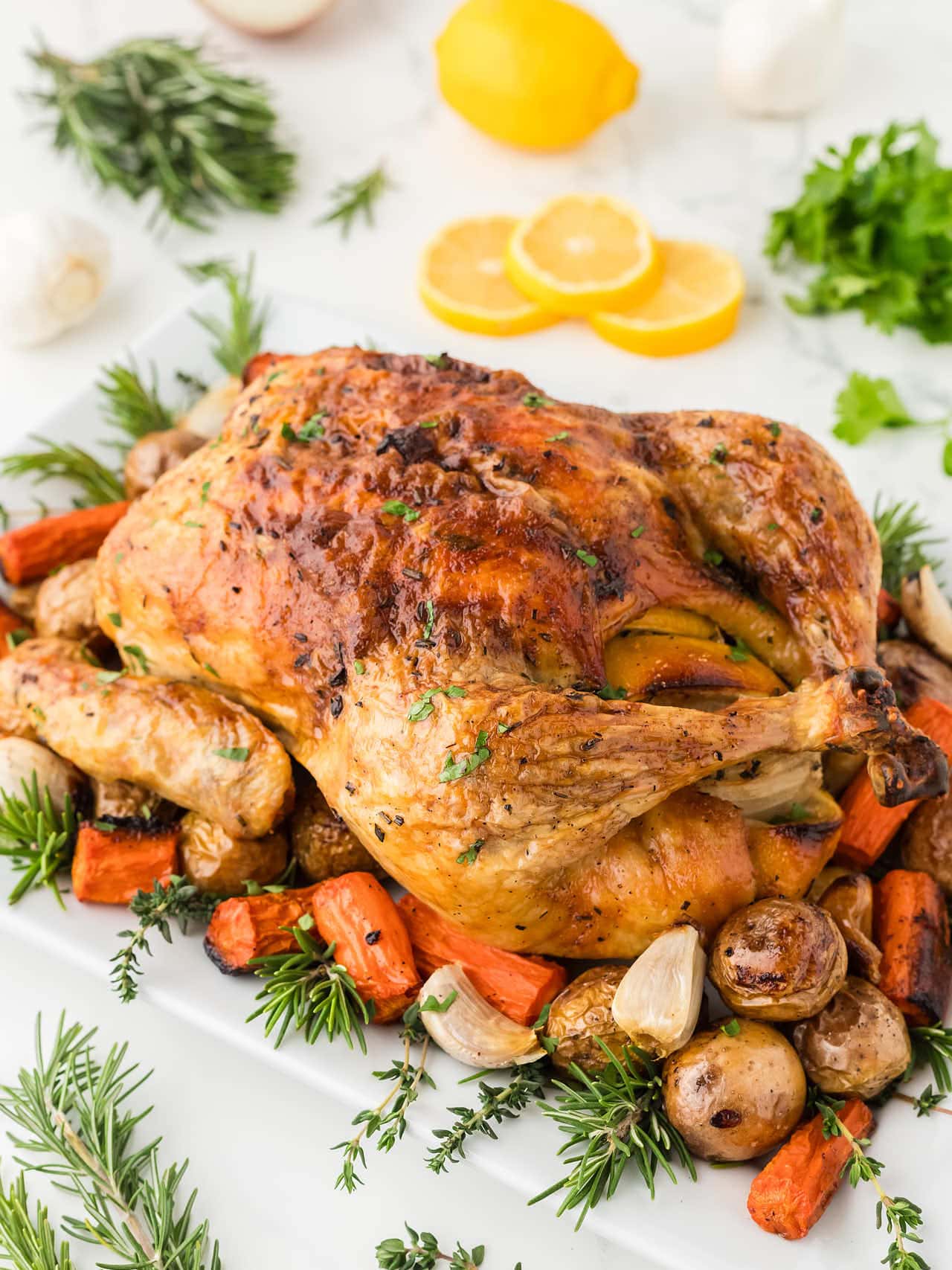 Roasted Chicken served over roast potatoes, carrots, and herbs.