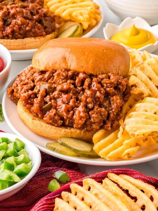 Closeup of a Sloppy Joes with waffle fries on a white plate.